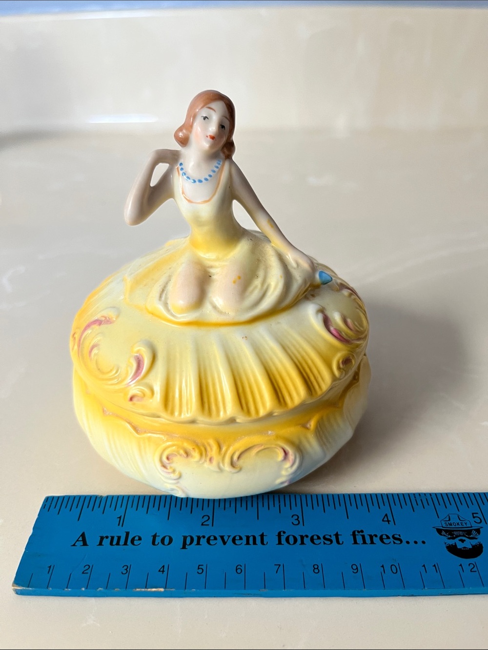 Vintage Art Deco Porcelain Powder Trinket Jar with Ballerina Lid